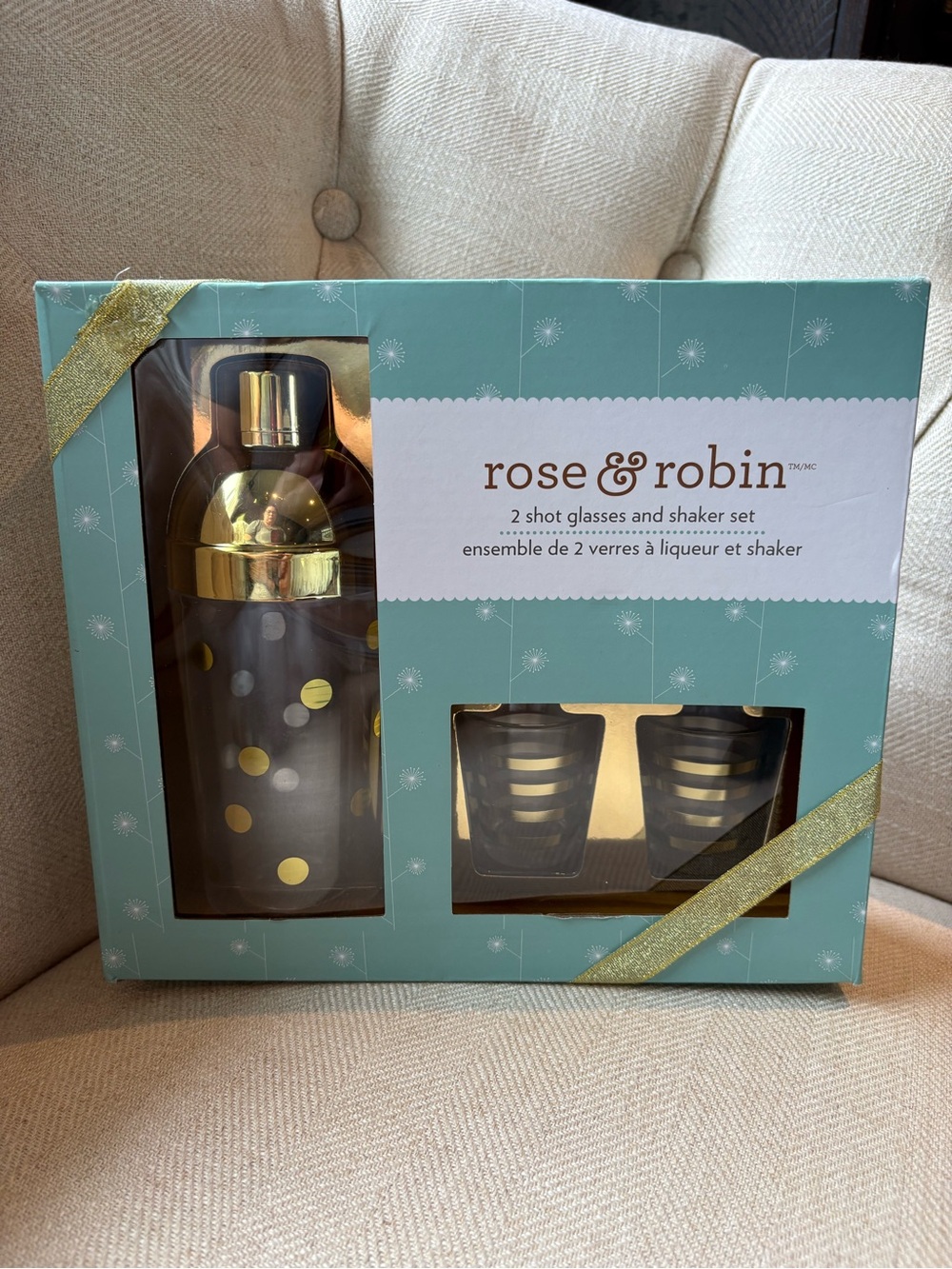 Rose & Robin Cocktail Shaker & 2 Shot Glass Set Gold Black